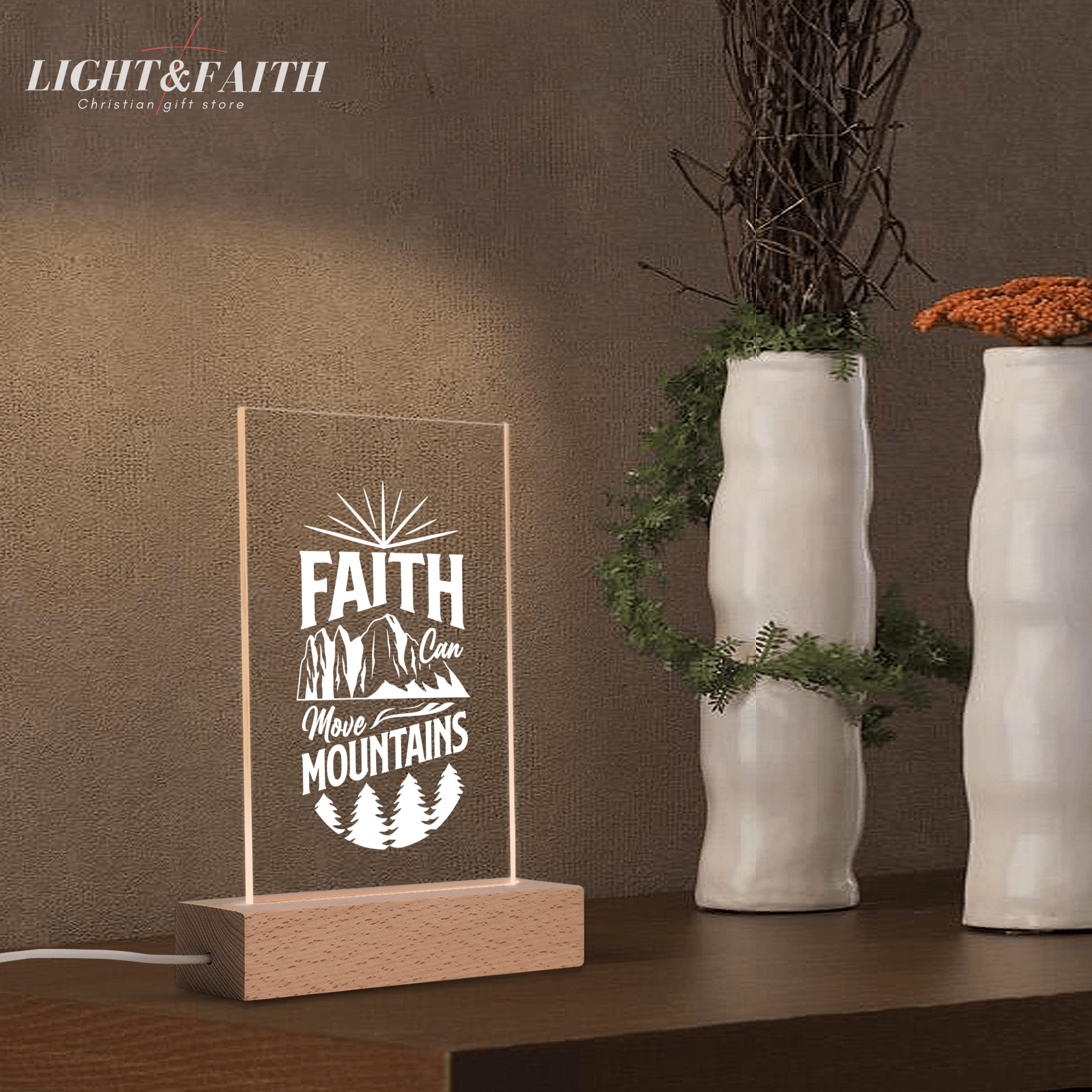 Faith Can Move Moutains LED Light, Christian Bible Verse Lamp, Inspirational Acrylic Night Light, Religious Home Decor, Faith Gift for Believers. NLLAF34